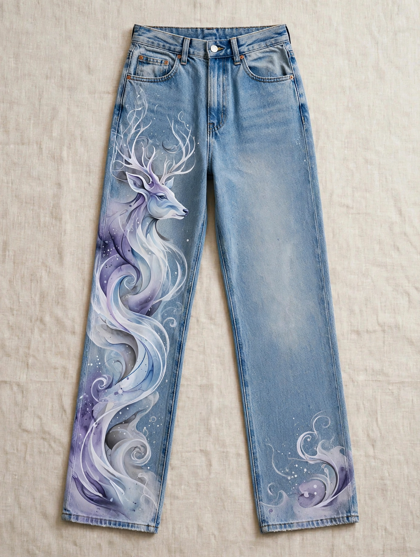 Hand-painted white deer jeans